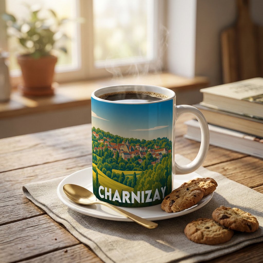 Mug souvenir de la ville de Charnizay avec une illustration stylisée du village.