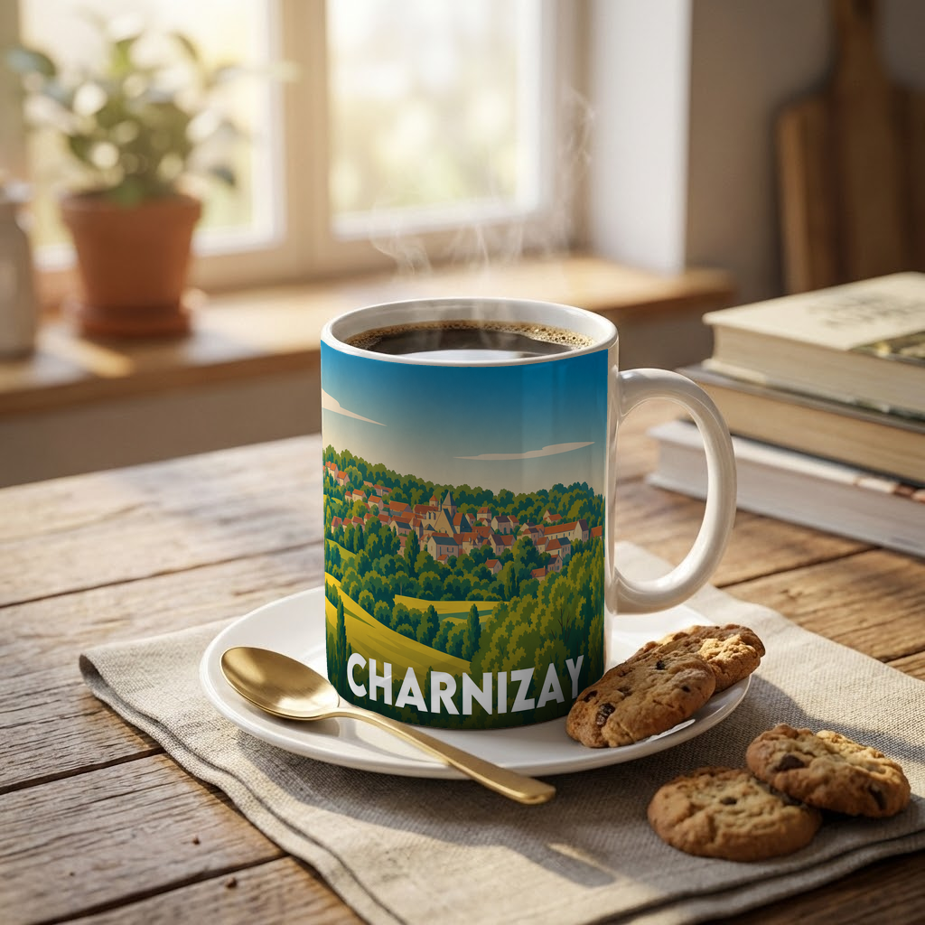 Mug souvenir de la ville de Charnizay avec une illustration stylisée du village.