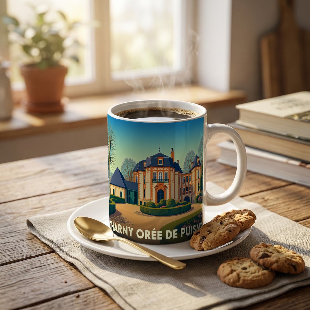 Mug souvenir de la ville de Charny Orée de Puisaye orné d'une illustration stylisée de son patrimoine.