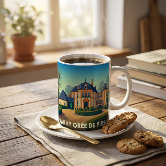 Mug souvenir de la ville de Charny Orée de Puisaye orné d'une illustration stylisée de son patrimoine.