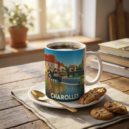 Mug souvenir de la ville de Charolles avec une illustration stylisée d'un paysage fluvial.