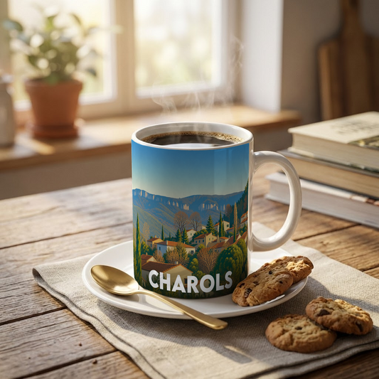 Mug souvenir de la ville de Charols avec une illustration stylisée de son paysage.
