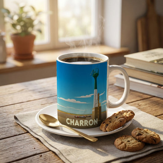 Mug souvenir de la ville de Charron avec une illustration stylisée de son littoral.