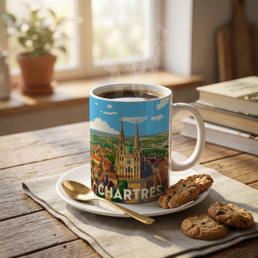 Mug souvenir de la ville de Chartres avec une illustration stylisée de sa cathédrale.