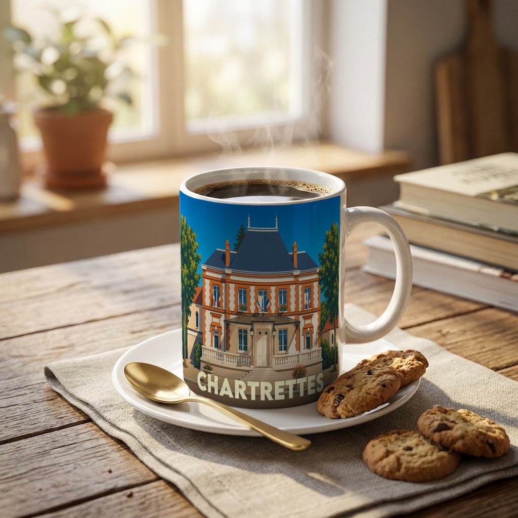 Mug souvenir de la ville de Chartrettes avec une illustration stylisée de son hôtel de ville.