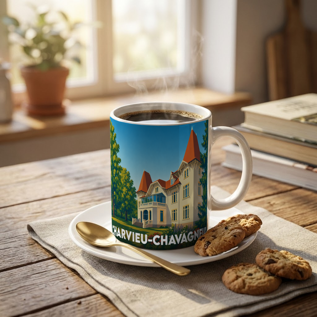 Mug souvenir de la ville de Charvieu-Chavagneux orné d'une illustration stylisée de sa mairie.