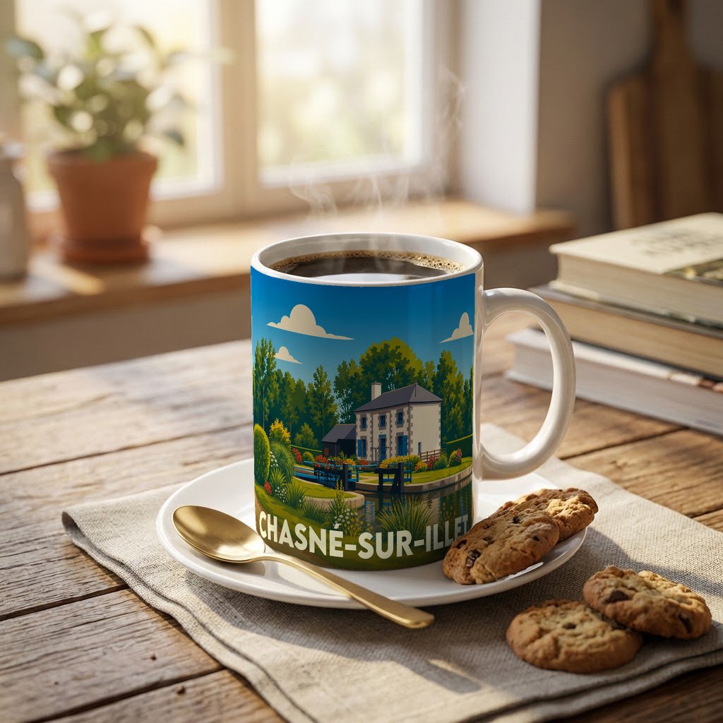 Mug souvenir de la ville de Chasné-sur-Illet avec une illustration stylisée d'une maison au bord de l'eau.