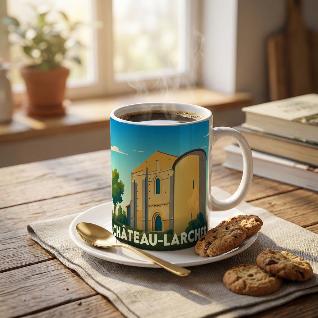 Mug souvenir de la ville de Château-Larcher orné d'une illustration stylisée de son patrimoine.