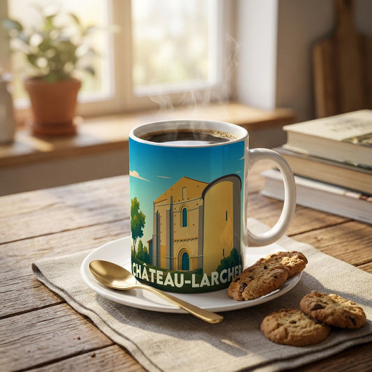 Mug souvenir de la ville de Château-Larcher orné d'une illustration stylisée de son patrimoine.