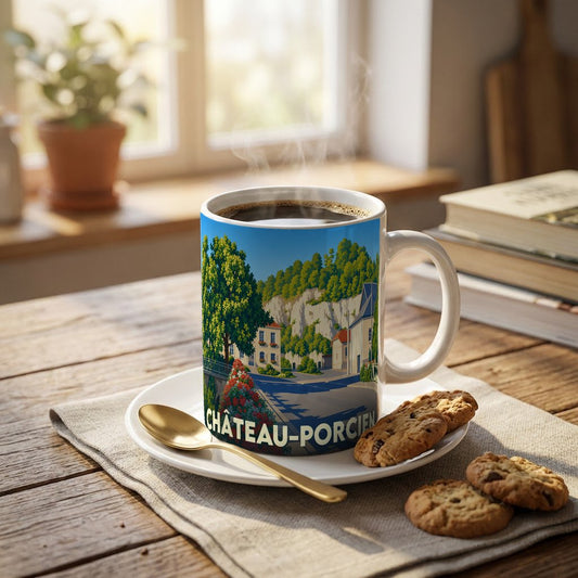 Mug souvenir de la ville de Château-Porcien avec une illustration stylisée.