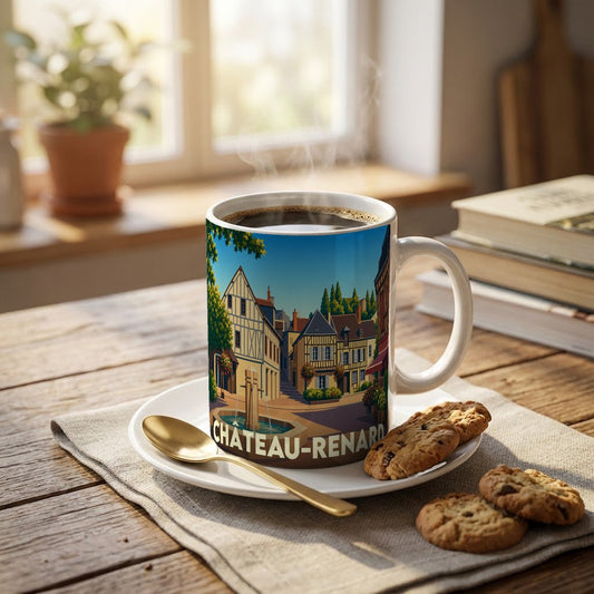 Mug souvenir de la ville de Château-Renard avec une illustration stylisée.