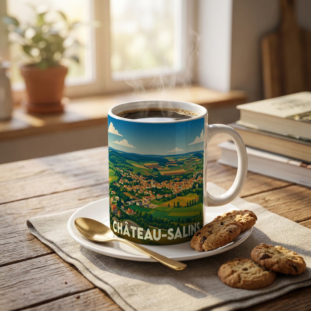 Mug souvenir de la ville de Château-Salins orné d'une illustration panoramique colorée.