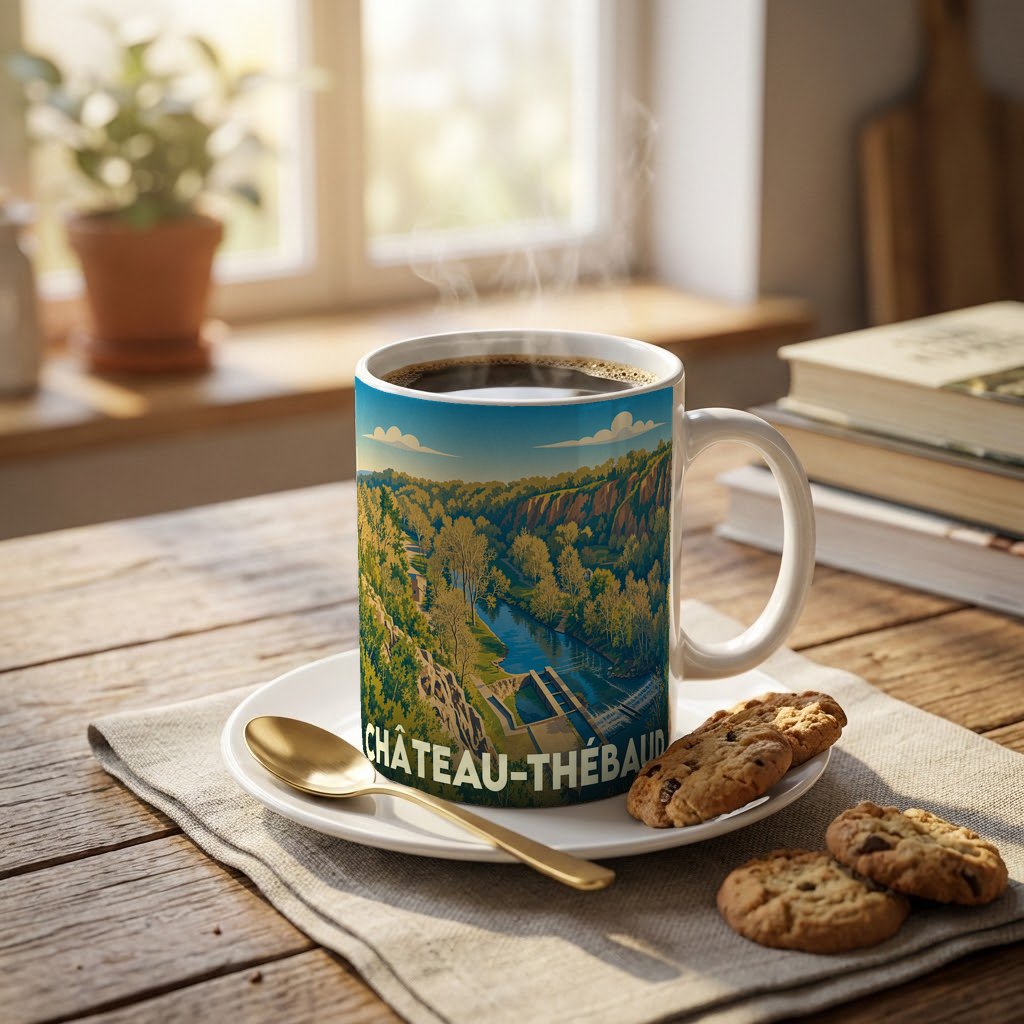 Mug souvenir de la ville de Château-Thébaud avec une illustration stylisée d'un paysage de rivière.