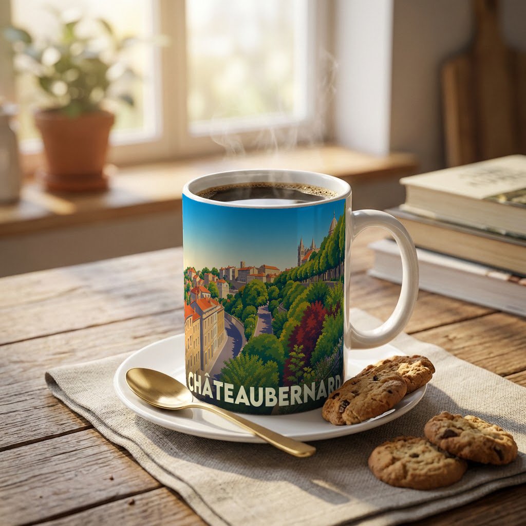 Mug souvenir de la ville de Châteaubernard avec une illustration stylisée de son paysage urbain et arboré.