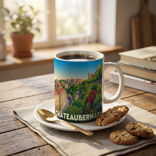 Mug souvenir de la ville de Châteaubernard avec une illustration stylisée de son paysage urbain et arboré.