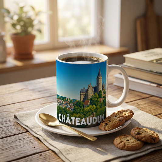 Mug souvenir de la ville de Châteaudun avec une illustration stylisée de son château.