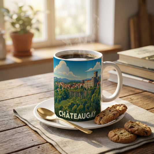 Mug souvenir de la ville de Châteaugay orné d'une illustration stylisée représentant son château et ses vignobles.