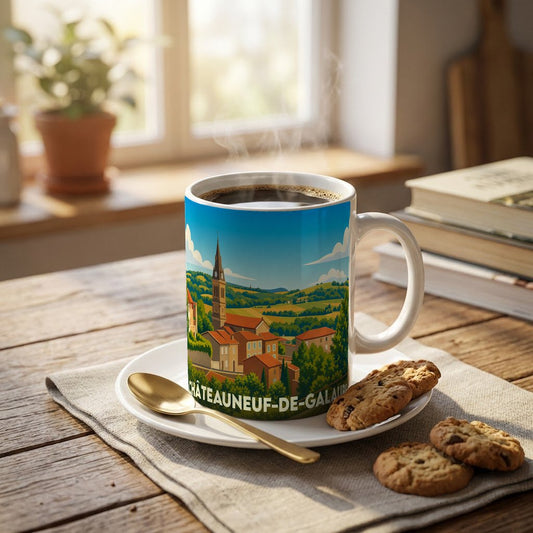 Mug souvenir de la ville de Châteauneuf-de-Galaure avec une illustration stylisée.