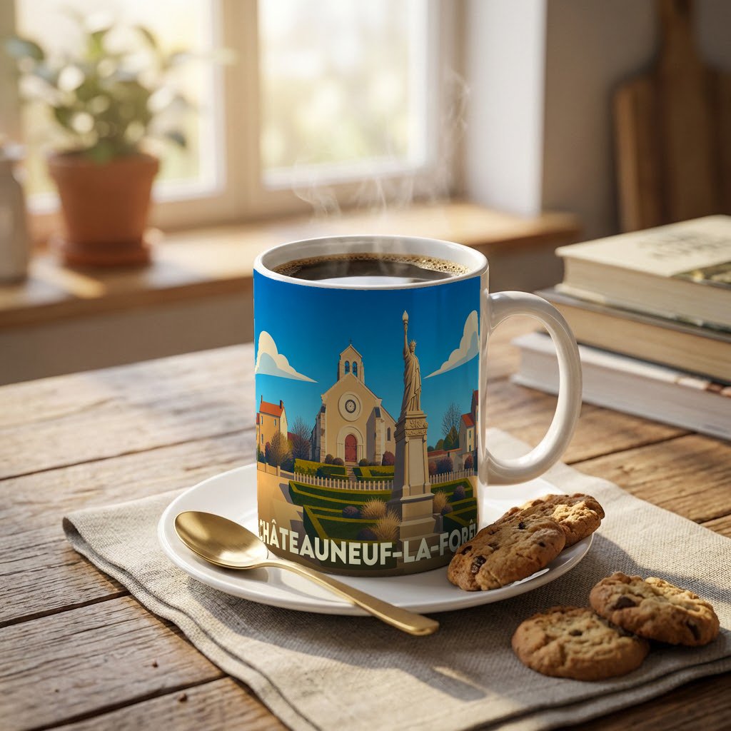 Mug souvenir de la ville de Châteauneuf-la-Forêt illustré par un paysage stylisé comprenant une église et une statue de la Liberté.