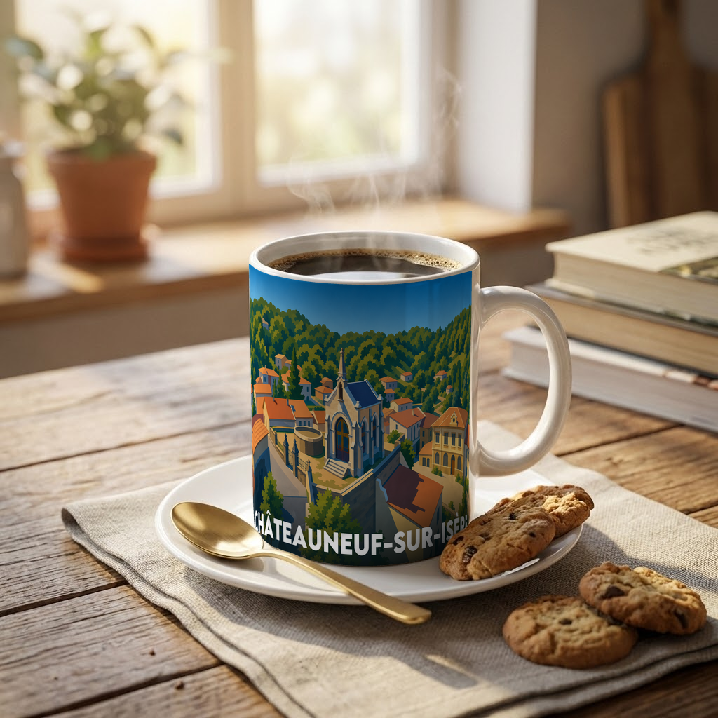 Mug souvenir de la ville de Châteauneuf-sur-Isère avec une illustration stylisée.