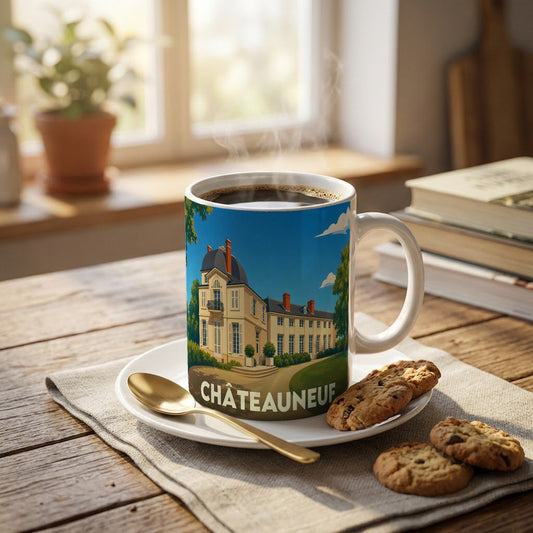 Mug souvenir de la ville de Châteauneuf illustré d'un château majestueux sous un ciel bleu.