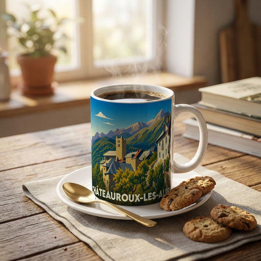 Mug souvenir de la ville de Châteauroux-les-Alpes orné d'une illustration de paysage montagneux.