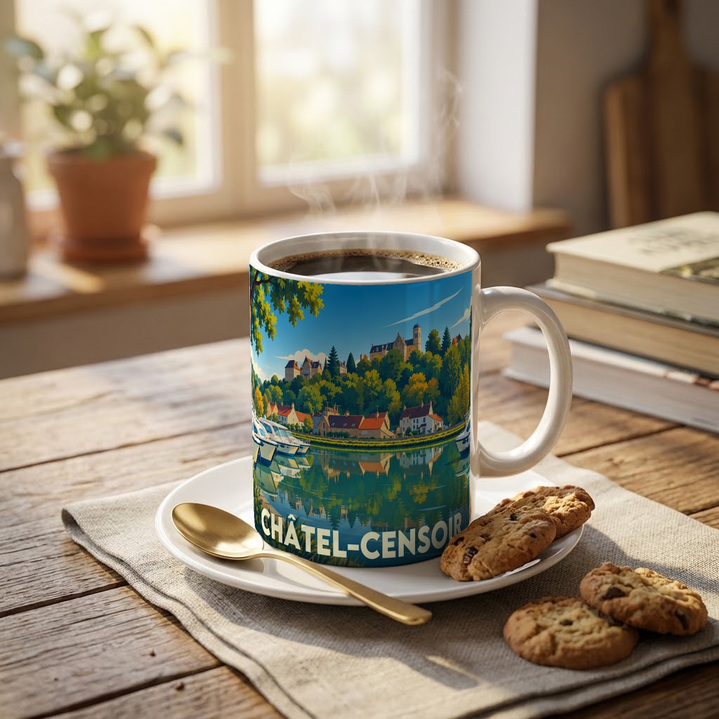 Mug souvenir de la ville de Châtel-Censoir illustré d'un paysage pittoresque au bord de l'eau.