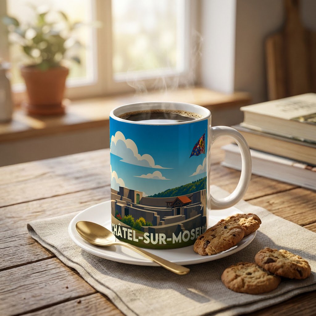 Mug souvenir de la ville de Châtel-sur-Moselle avec une illustration stylisée de sa forteresse médiévale.