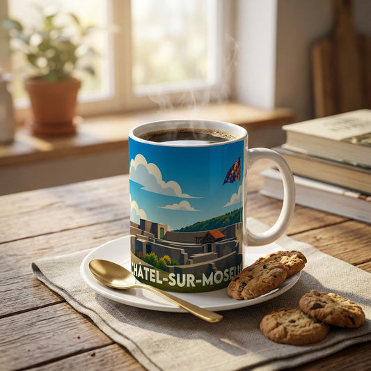 Mug souvenir de la ville de Châtel-sur-Moselle avec une illustration stylisée de sa forteresse médiévale.