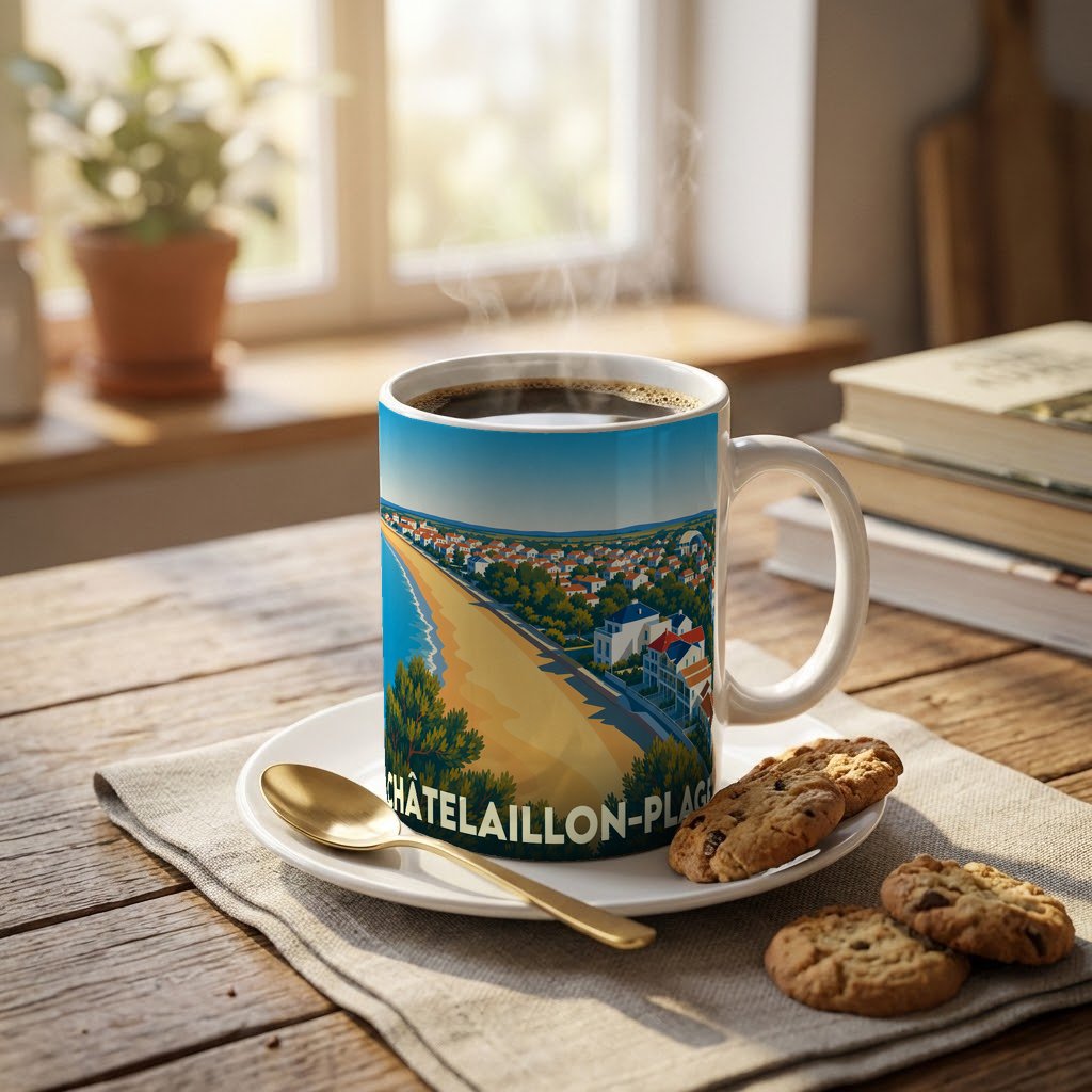 Mug souvenir de Châtelaillon-Plage illustré d'une vue stylisée du front de mer et de la plage.
