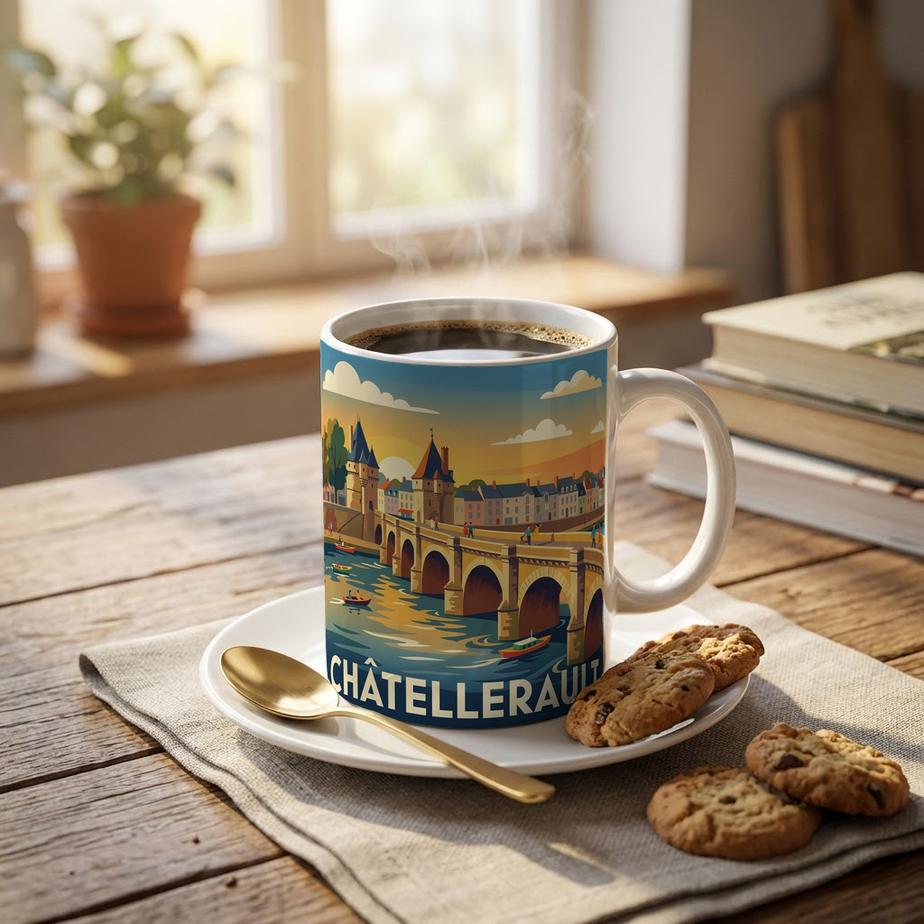 Mug souvenir de la ville de Châtellerault avec une illustration stylisée de son pont emblématique.