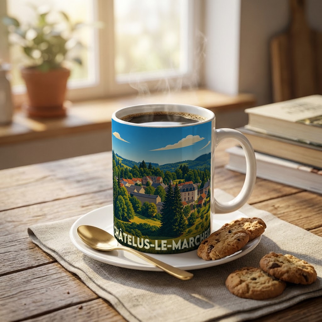 Mug souvenir de la ville de Châtelus-le-Marcheix avec une illustration paysagère stylisée.