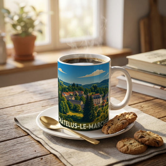 Mug souvenir de la ville de Châtelus-le-Marcheix avec une illustration paysagère stylisée.
