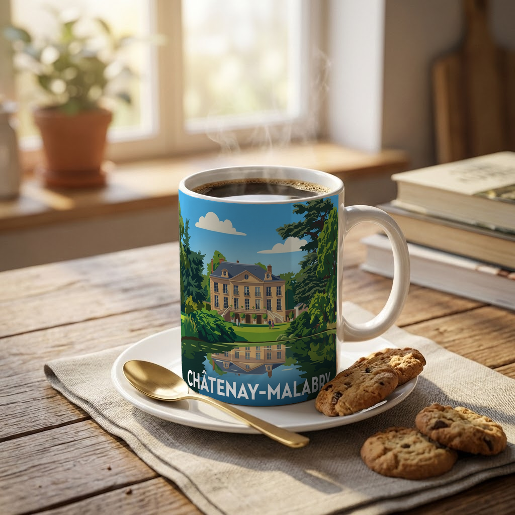 Mug souvenir de la ville de Châtenay-Malabry avec une illustration stylisée d'un manoir et de son parc.