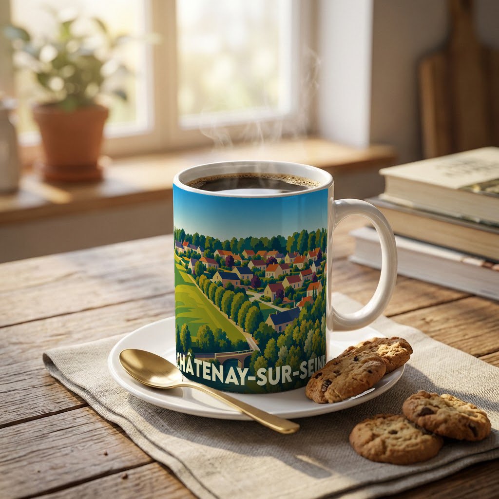 Mug souvenir de la ville de Châtenay-sur-Seine avec une illustration paysagère stylisée.