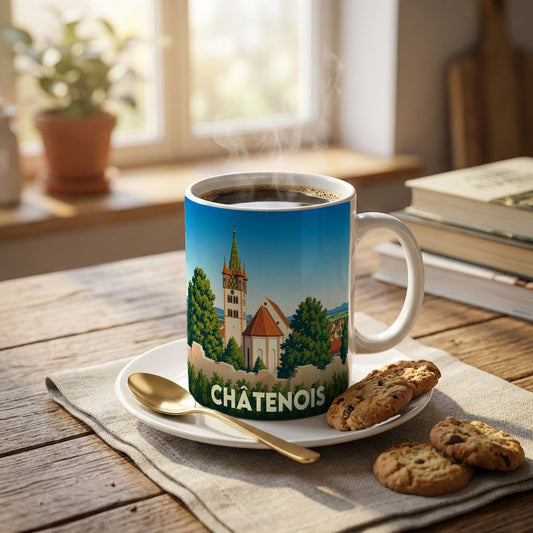 Mug souvenir de la ville de Châtenois illustré d'un paysage stylisé avec son église.