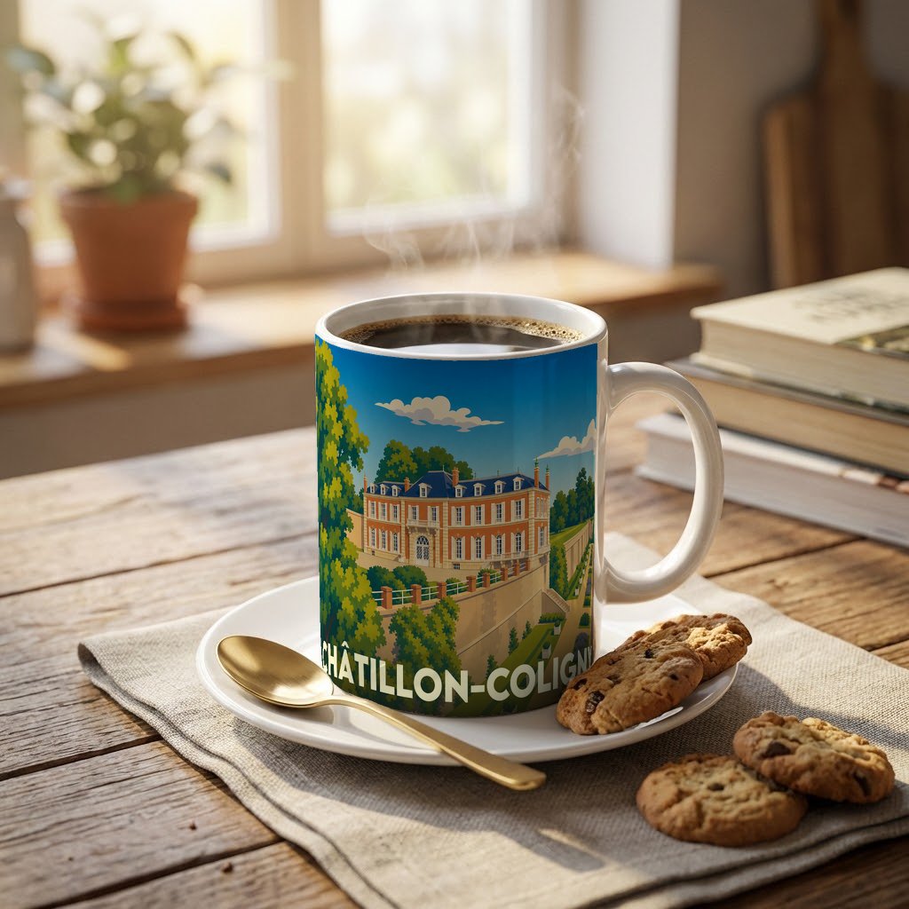 Mug souvenir de la ville de Châtillon-Coligny avec une illustration stylisée d'un château.