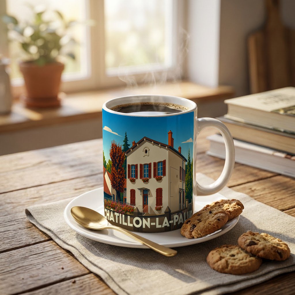 Mug souvenir de la ville de Châtillon-la-Palud avec une illustration stylisée d'une maison traditionnelle.
