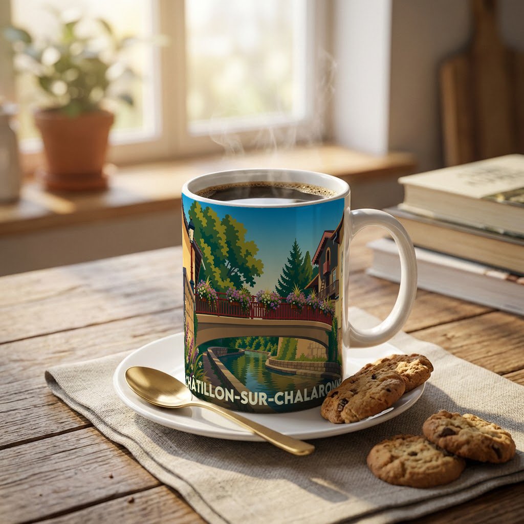 Mug souvenir de la ville de Châtillon-sur-Chalaronne avec une illustration stylisée d'un pont fleuri.