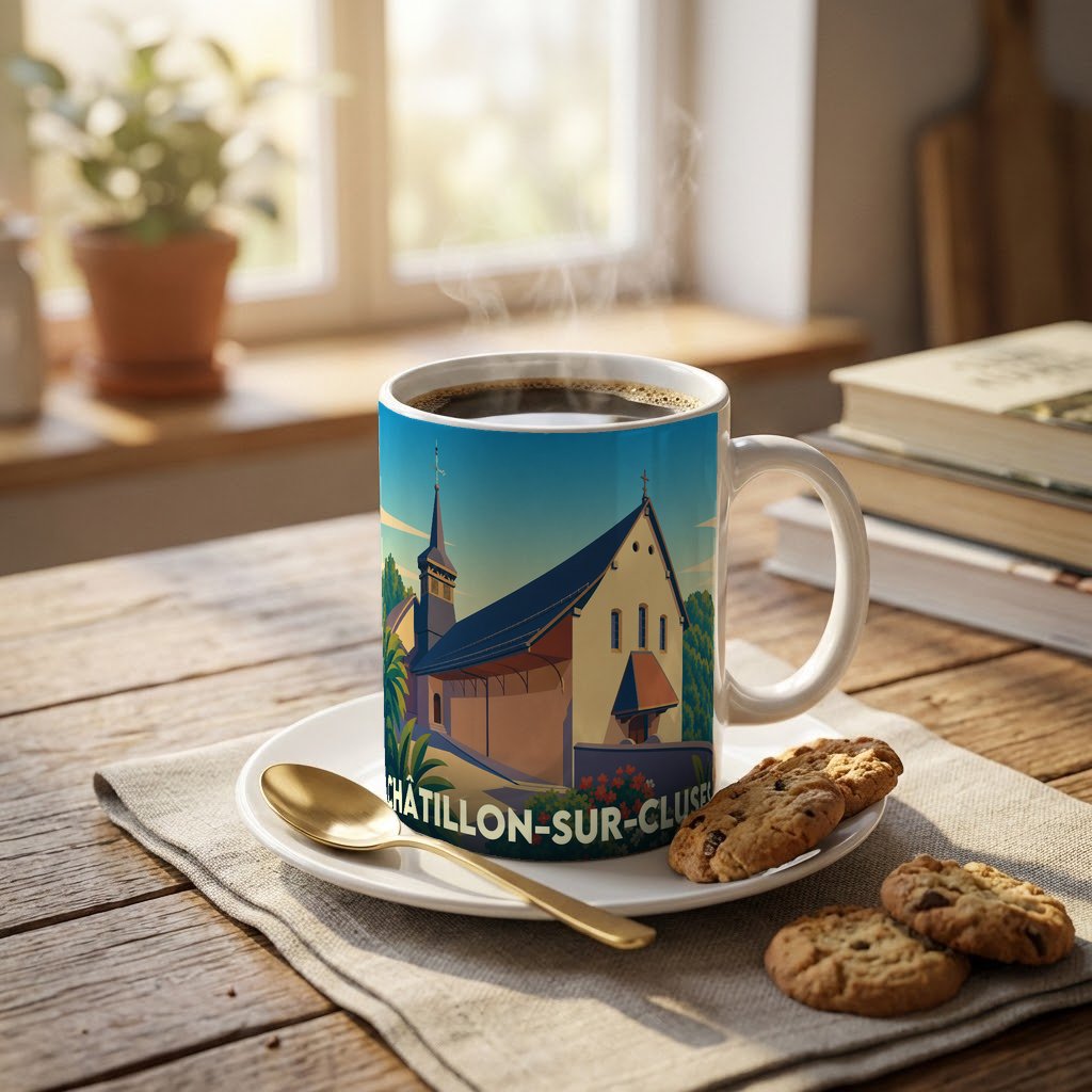 Mug souvenir de la ville de Châtillon-sur-Cluses orné d'une illustration stylisée de son église.