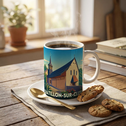 Mug souvenir de la ville de Châtillon-sur-Cluses orné d'une illustration stylisée de son église.