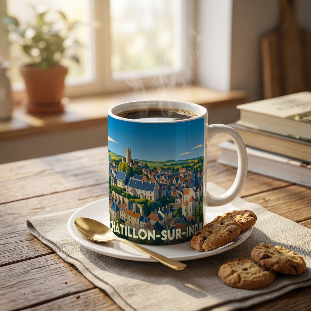 Mug souvenir de la ville de Châtillon-sur-Indre avec une illustration stylisée.