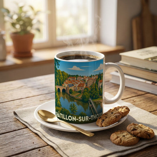 Mug souvenir de la ville de Châtillon-sur-Thouet avec une illustration stylisée d'un village en bord de rivière.