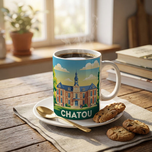 Mug souvenir de la ville de Chatou avec une illustration graphique et colorée.