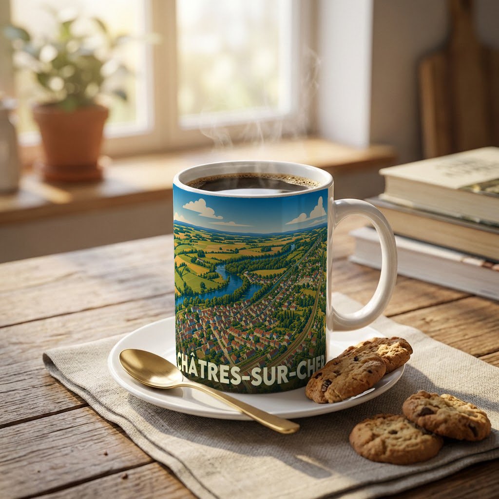 Mug souvenir de la ville de Châtres-sur-Cher orné d'une illustration panoramique et stylisée.