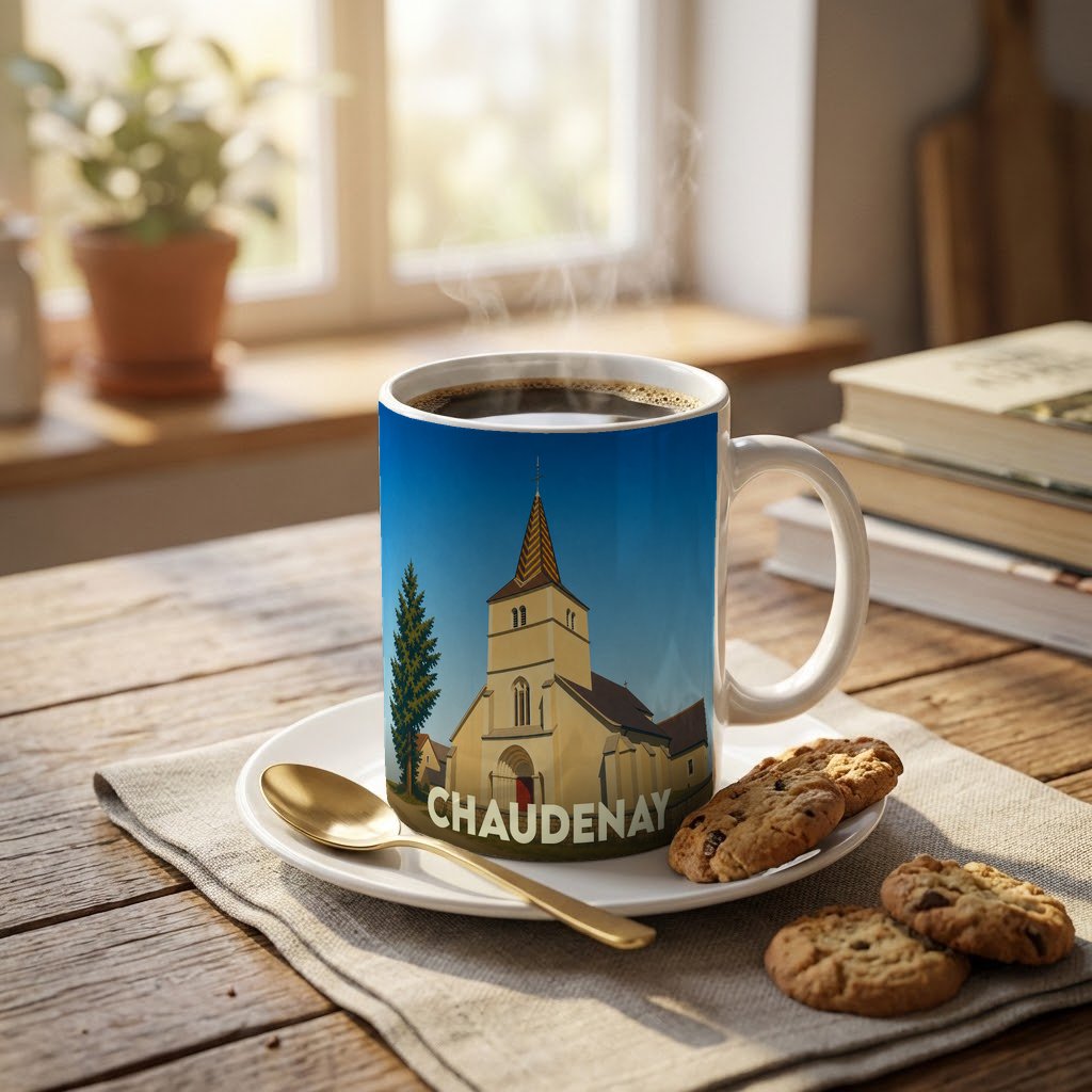 Mug souvenir de la ville de Chaudenay avec une illustration stylisée de son église.