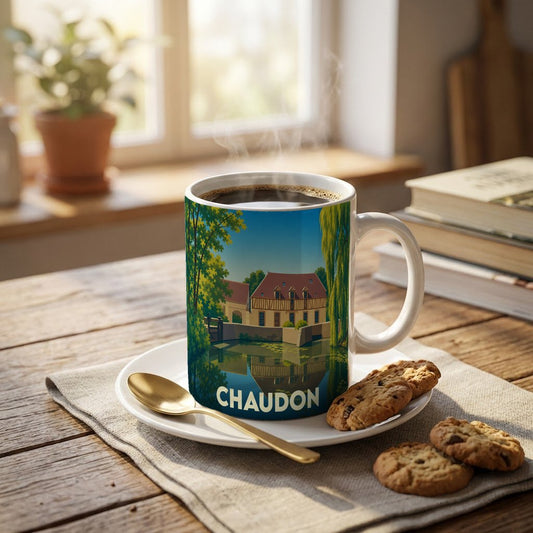 Mug souvenir de la ville de Chaudon illustré d'un paysage pittoresque au bord de l'eau.
