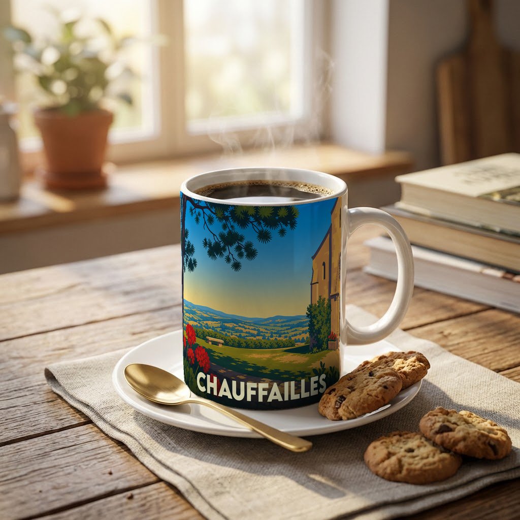 Mug souvenir de la ville de Chauffailles orné d'une illustration panoramique stylisée.