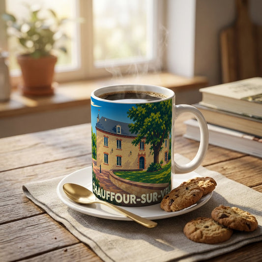 Mug souvenir de la ville de Chauffour-sur-Vell avec une illustration stylisée d'une bâtisse traditionnelle.