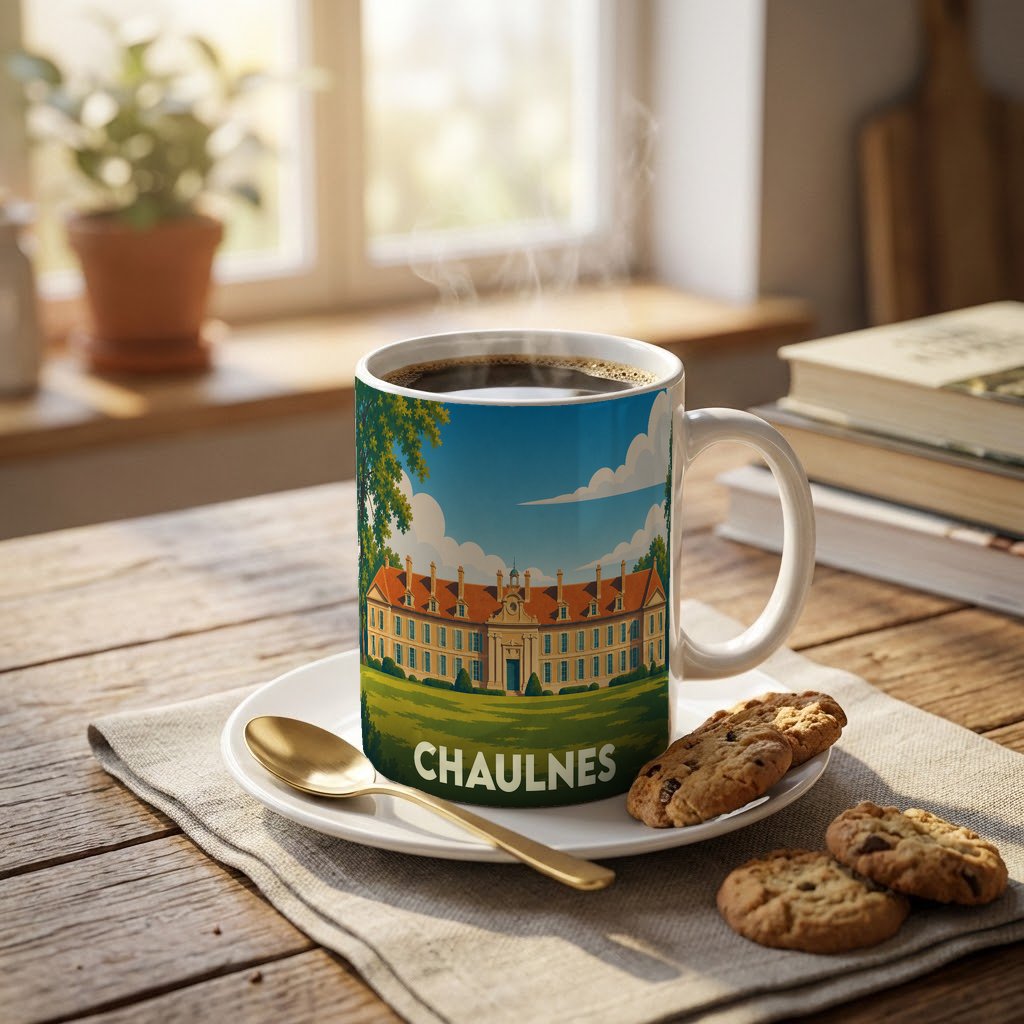 Mug souvenir de la ville de Chaulnes orné d'une illustration stylisée de son château.